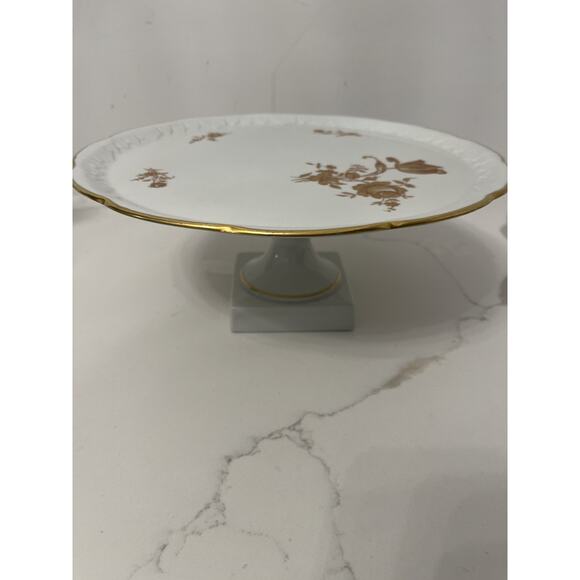 Limoges France Cake Stand Porcelain White Gold Trim Floral Vtg - Picture 1 of 5
